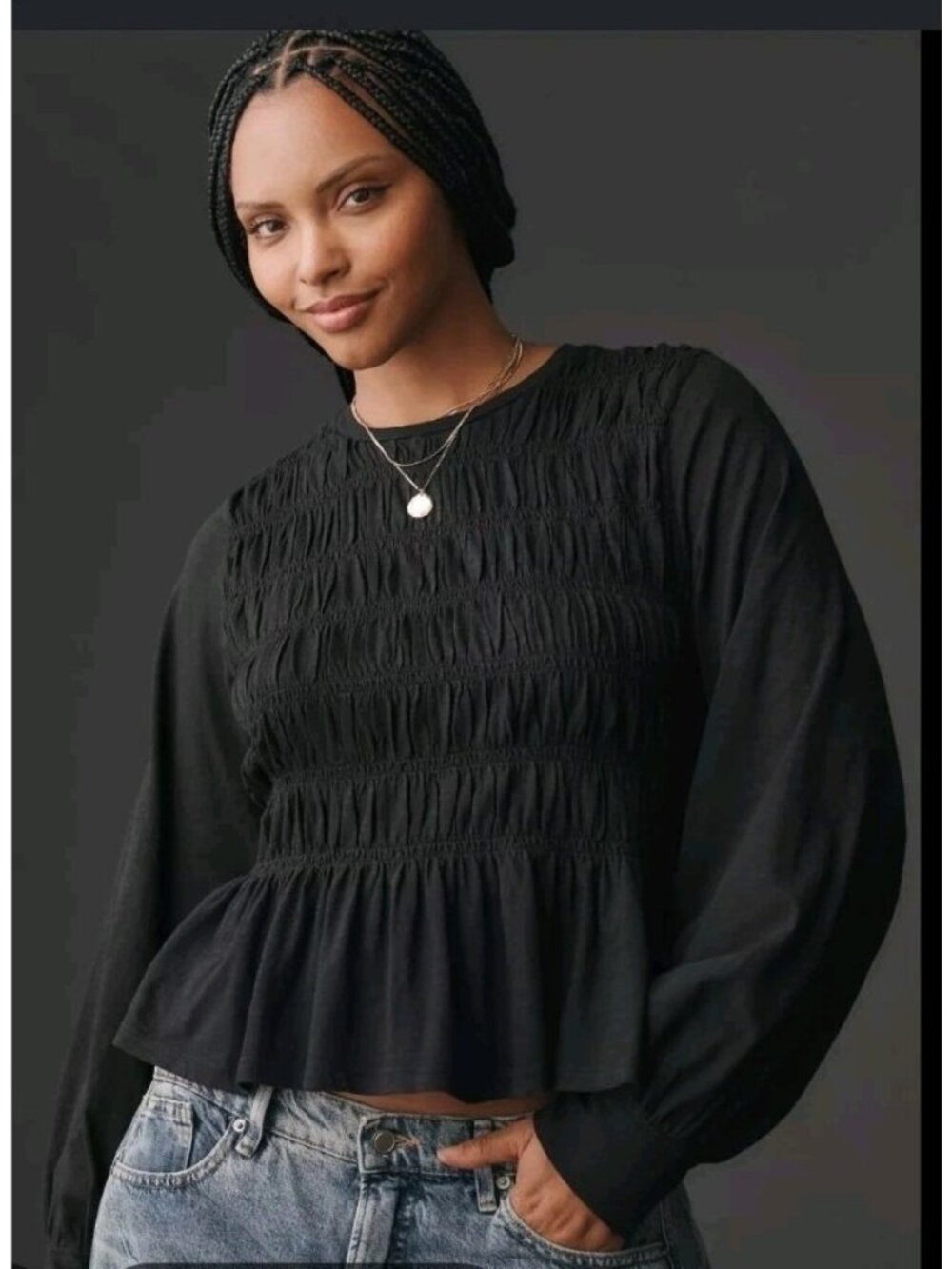 Pilcro Long-Sleeve Smocked Top Anthropologie Pullover Ruffle Blouse Black XS